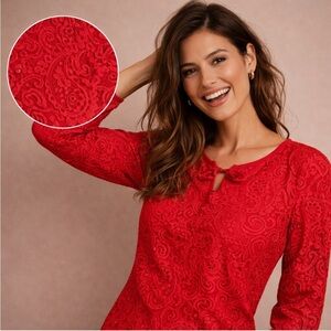Talbots Red Lace Blouse Long Sleeve Romantic Top Size M